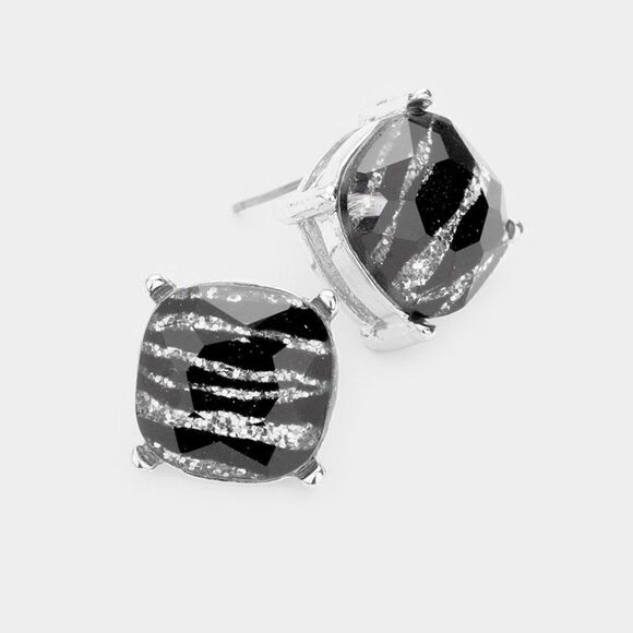 Square Zebra Stone Stud Earrings - Picture 1 of 5